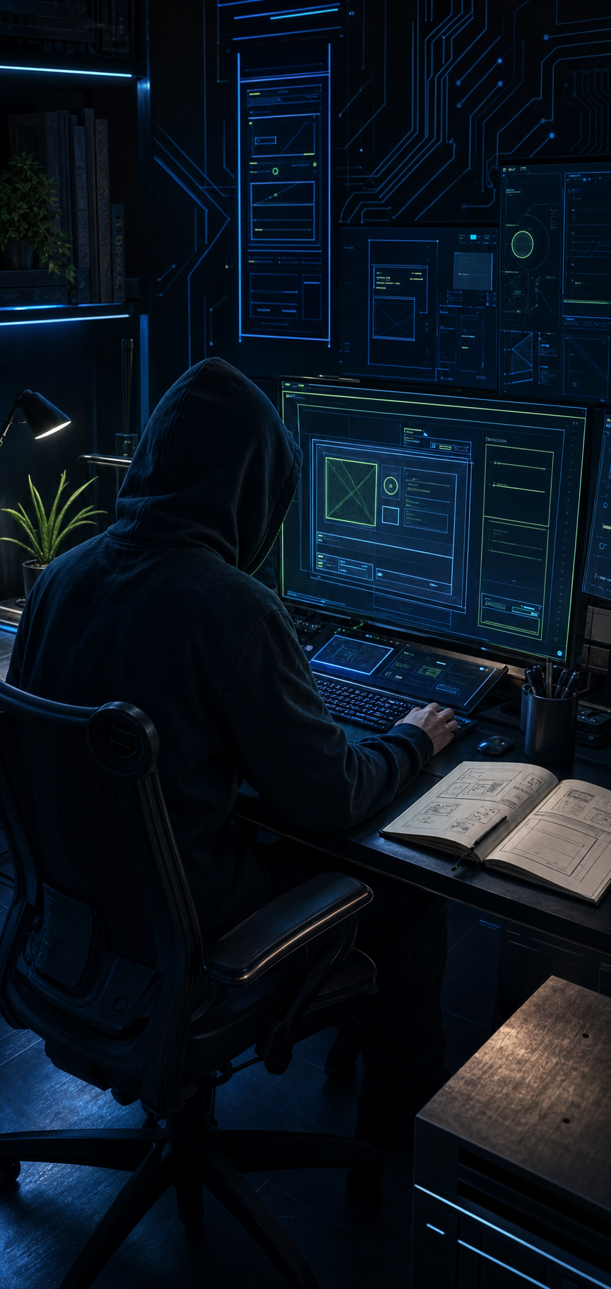 An anonymous web designer working at a neon cyberdeck workstation