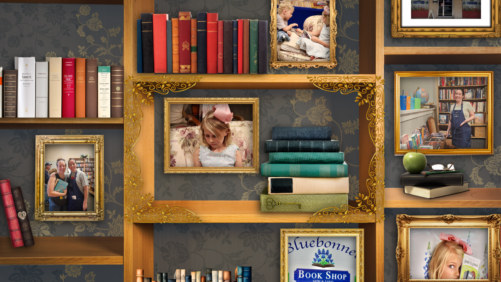 An ornate wooden library filled with vintage books and framed photographs of Bluebonnet Book Shop readers, visitors, and Mrs. Lynette